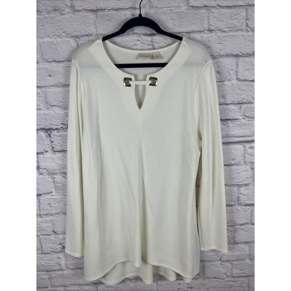 Chico's Preppy Old Money Off White Gold Grommet Tunic Top Size 3 (XL) Minimalist